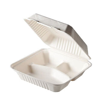 8" x 8" x 3" Clamshell 3 Compartment Sugarcane (Case of 200)