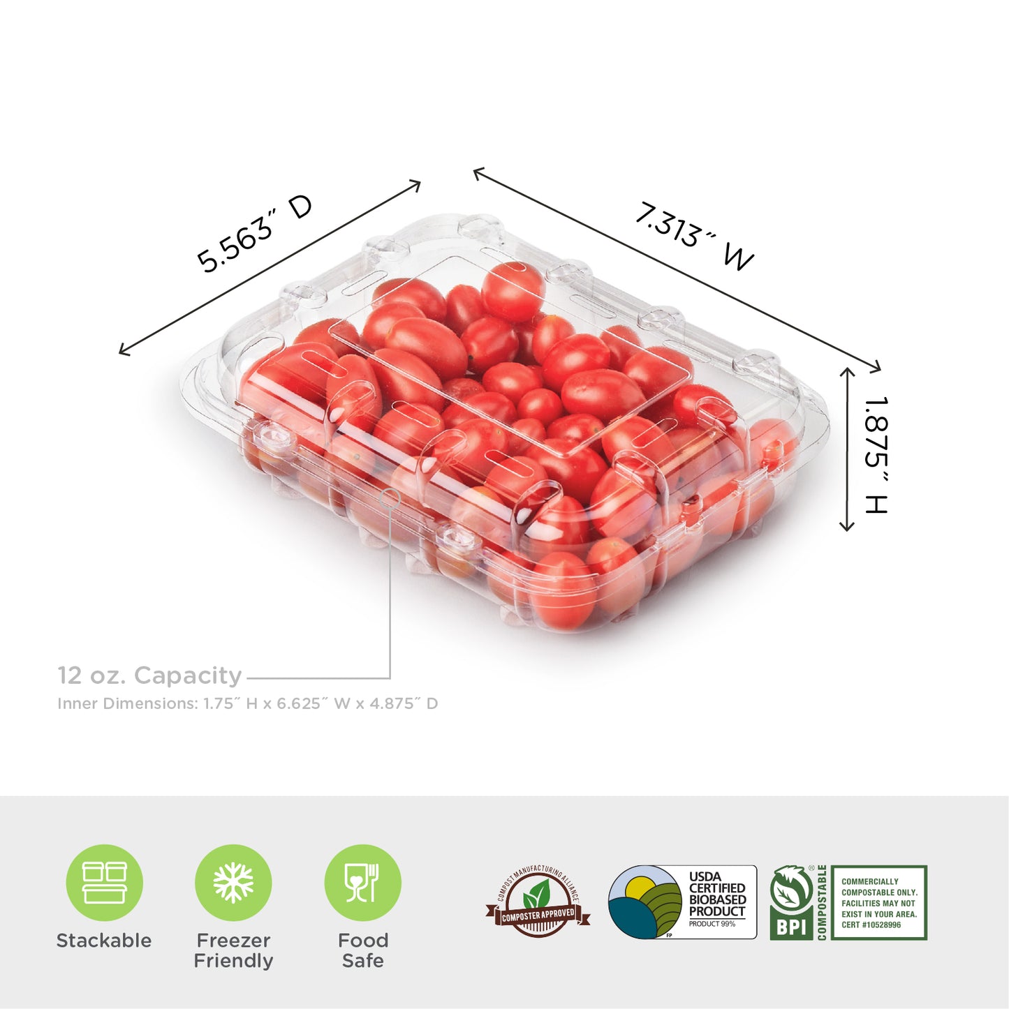 12 oz Vented Fruit & Veggie Container | Disposable & Compostable | PLA | Case of 285
