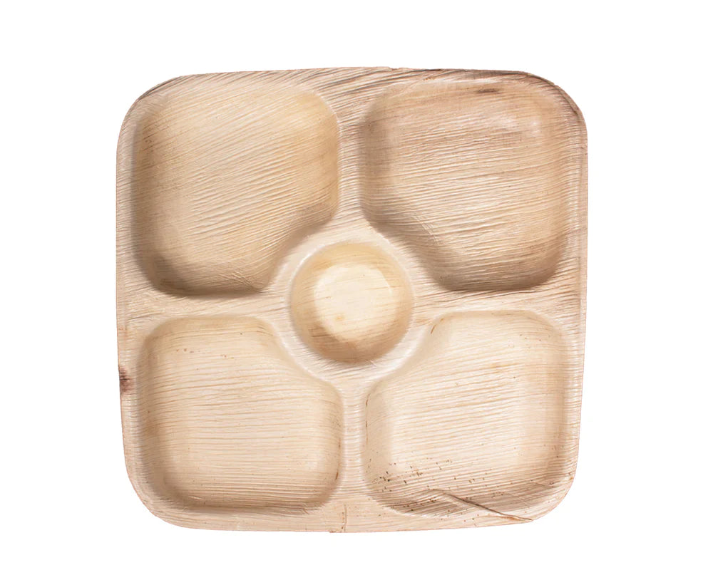 9" Square Plate | 5 Compartment | Compostable Palm Leaf (Case of 300)