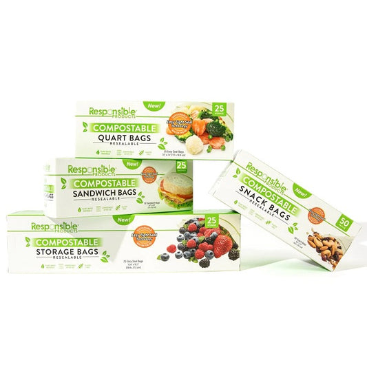 4 Boxes of Resealable Zip Food Storage Bags | Compostable | One of Each Size!
