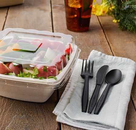 Rolled Napkin Cutlery Kit | Black | Compostable (Case of 100)