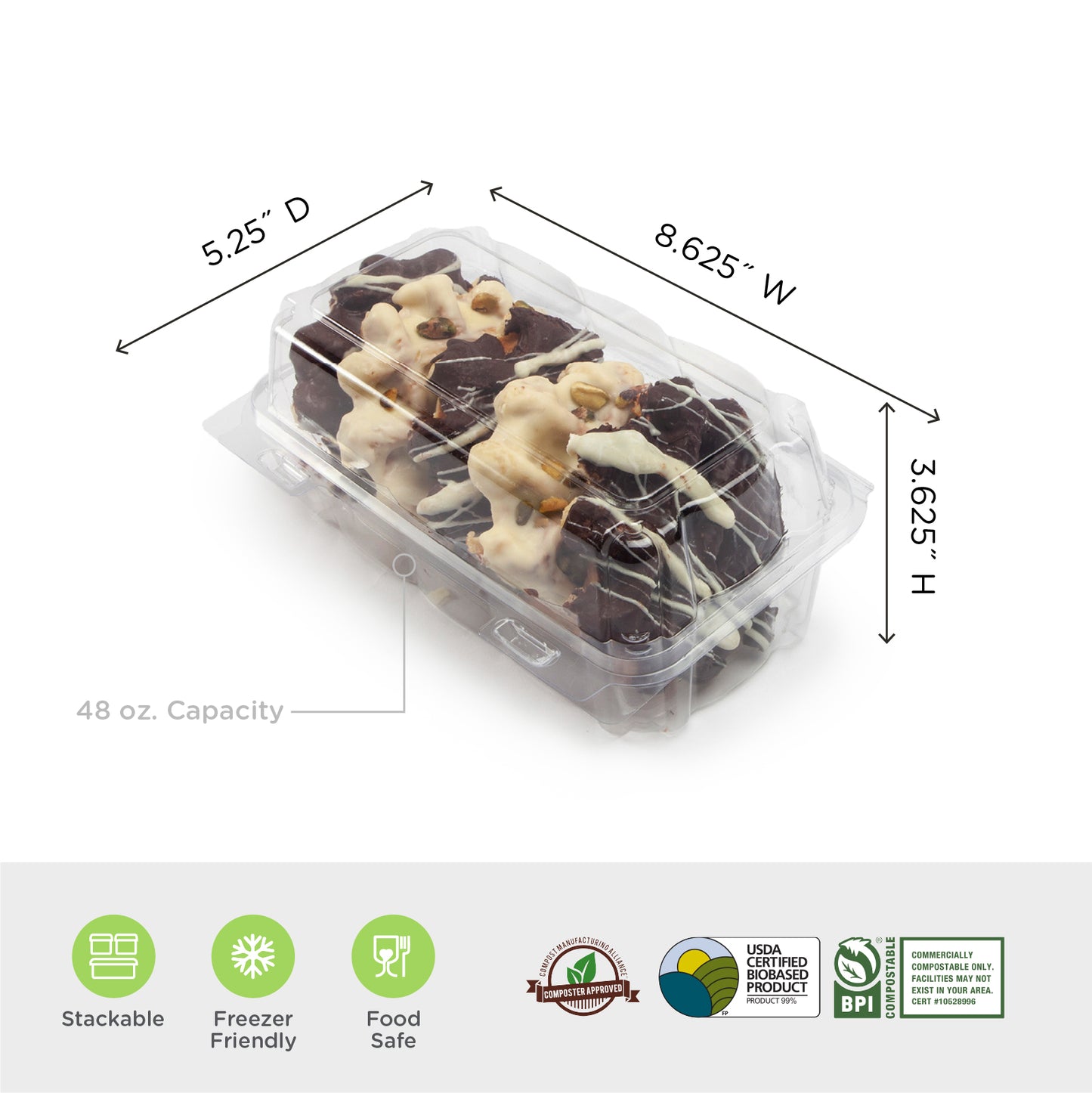 48 oz Center Seal Multi-Purpose Packaging | Clear Compostable Clamshell