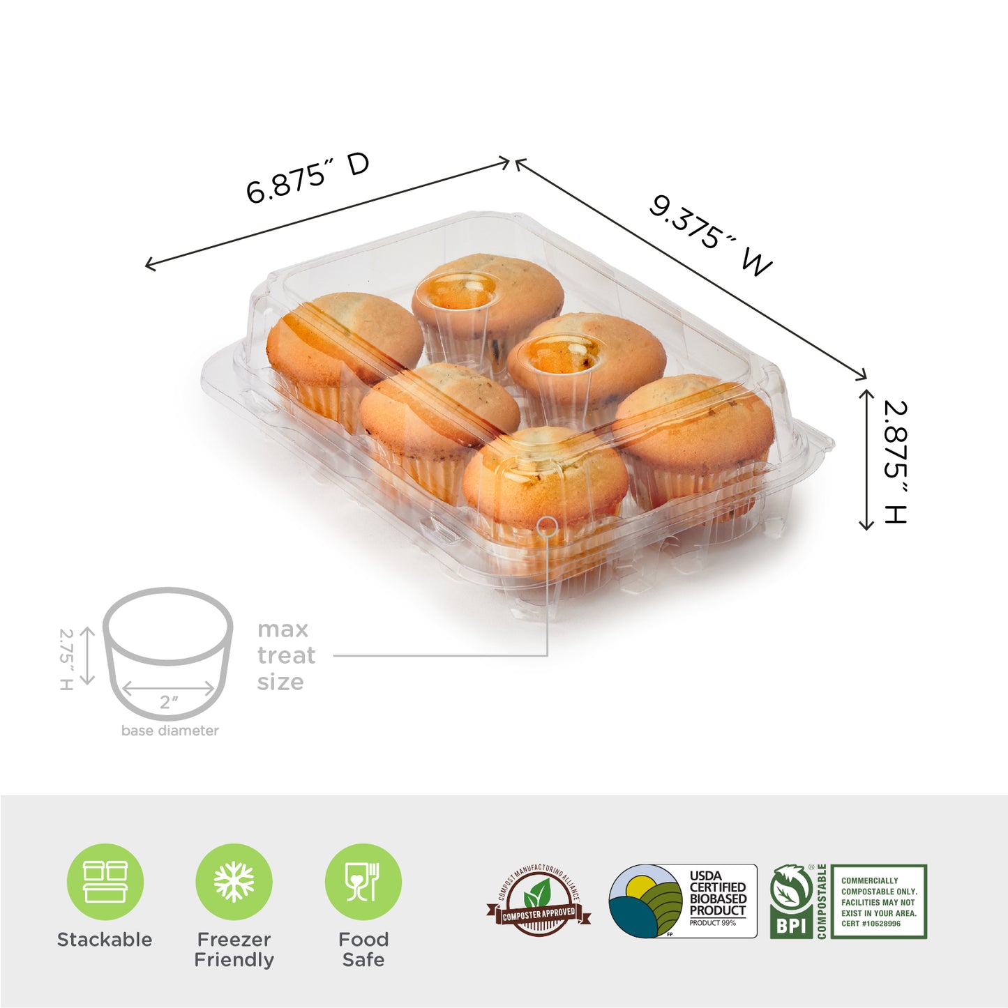 2.75" Clear Compostable Muffin Container | 6 Pack | Made in the USA