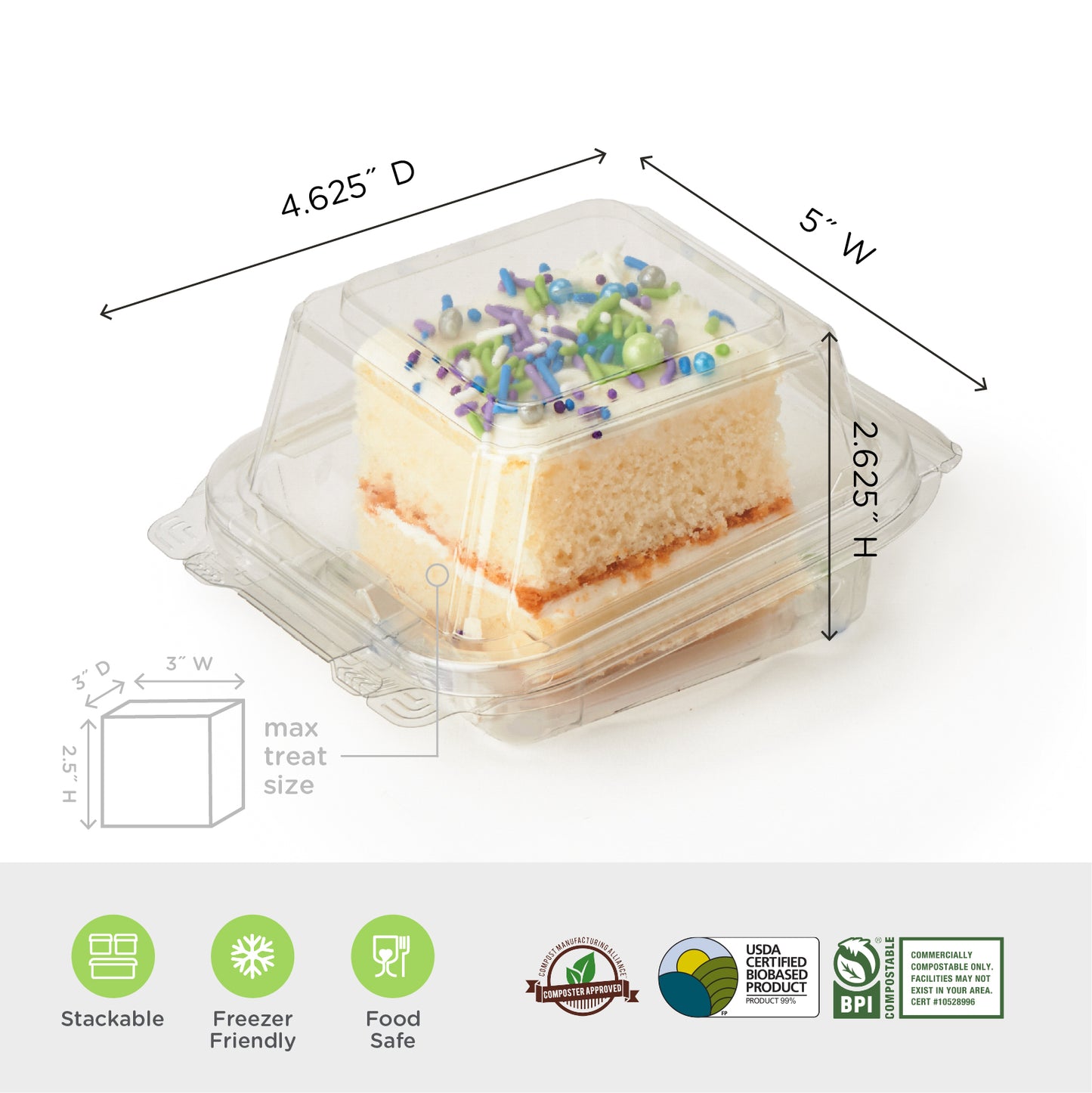 2.5" Simply Secure™ Single Dessert Package | Clear Compostable Clamshell
