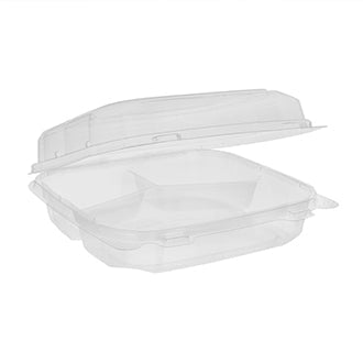 8" x 8" x 3" | 3 Compartment | Recycled Plastic Clamshell | Takeout Container (Case of 200)