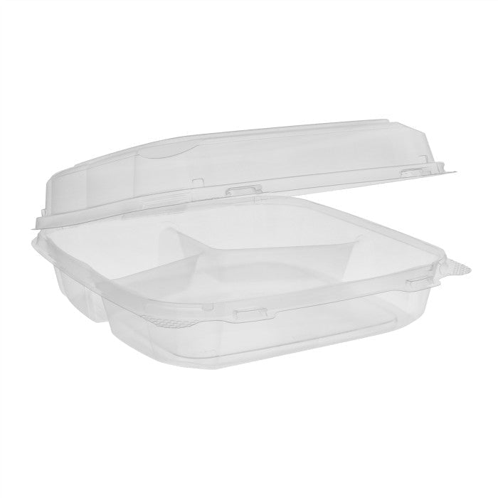 9" x 9" x 3" | 3 Compartment | Recycled Plastic Clamshell | Takeout Container (Pack of 125)