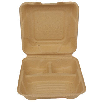 9" x 9" x 3" Wheat Straw Clamshell | 3 Compartment | Made in USA (Case of 200)