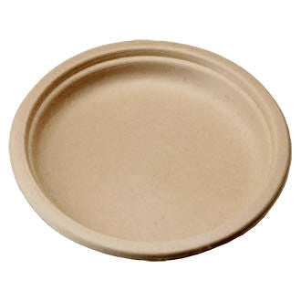 Ten inch brown biodegradable round plate on white background