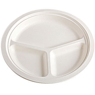 Ten inch three partition white compostable round plate on white background