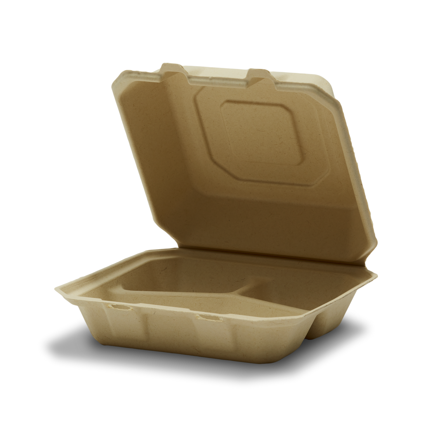 8" Three Compartment Compostable Clamshell for Takeout. Made in the USA from Sugarcane grown in Florida, this container measures 8" by 8" by 3" tall and has two small compartments along with one large compartment closest to the opening.